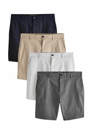 Fire par mænds chino shorts i sort, beige, lysegrå og mørkegrå, arrangeret overlappende i en lodret stak.