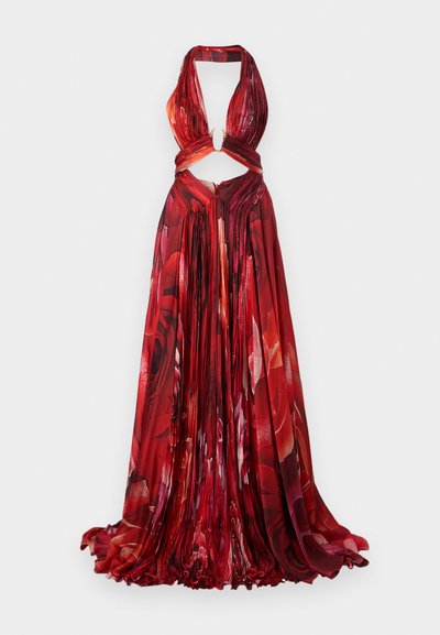 Red floral halter dress with pleated fabric, cut-out at waist, keyhole detail, and flowing skirt. Features vivid rose patterns.