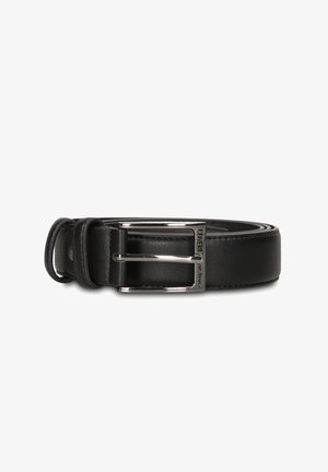 Ceinture en cuir noir enroulée avec une boucle rectangulaire en métal argenté gravée des mots "COVERI" et "ROME".