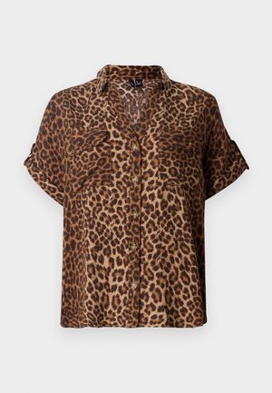 Short-sleeve, button-up blouse in leopard print, featuring a light brown and black color scheme, with two chest pockets and a relaxed fit.