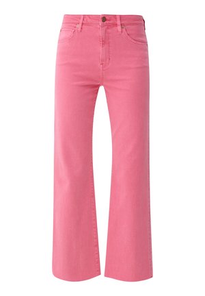 Rosa weit geschnittene Jeans aus Denim mit zwei Vorderseiten-Taschen, einem Knopfverschluss und einer glatten Textur mit minimalen Nahtakzenten.