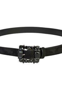 Zwarte suède riem met een rechthoekige, met edelstenen versierde schaal die verschillende vormen van zwarte edelstenen heeft en een gladde, afgeronde uiteinde.