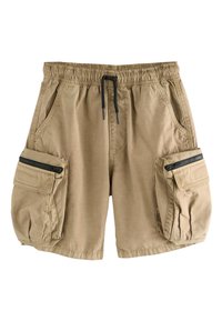 Beežid cargo-lühikesed püksid, millel on elastne vöökoht, reguleeritav nöör ja kaks suurt klapiga taskut külgedel lukuga. Kerge kangas.