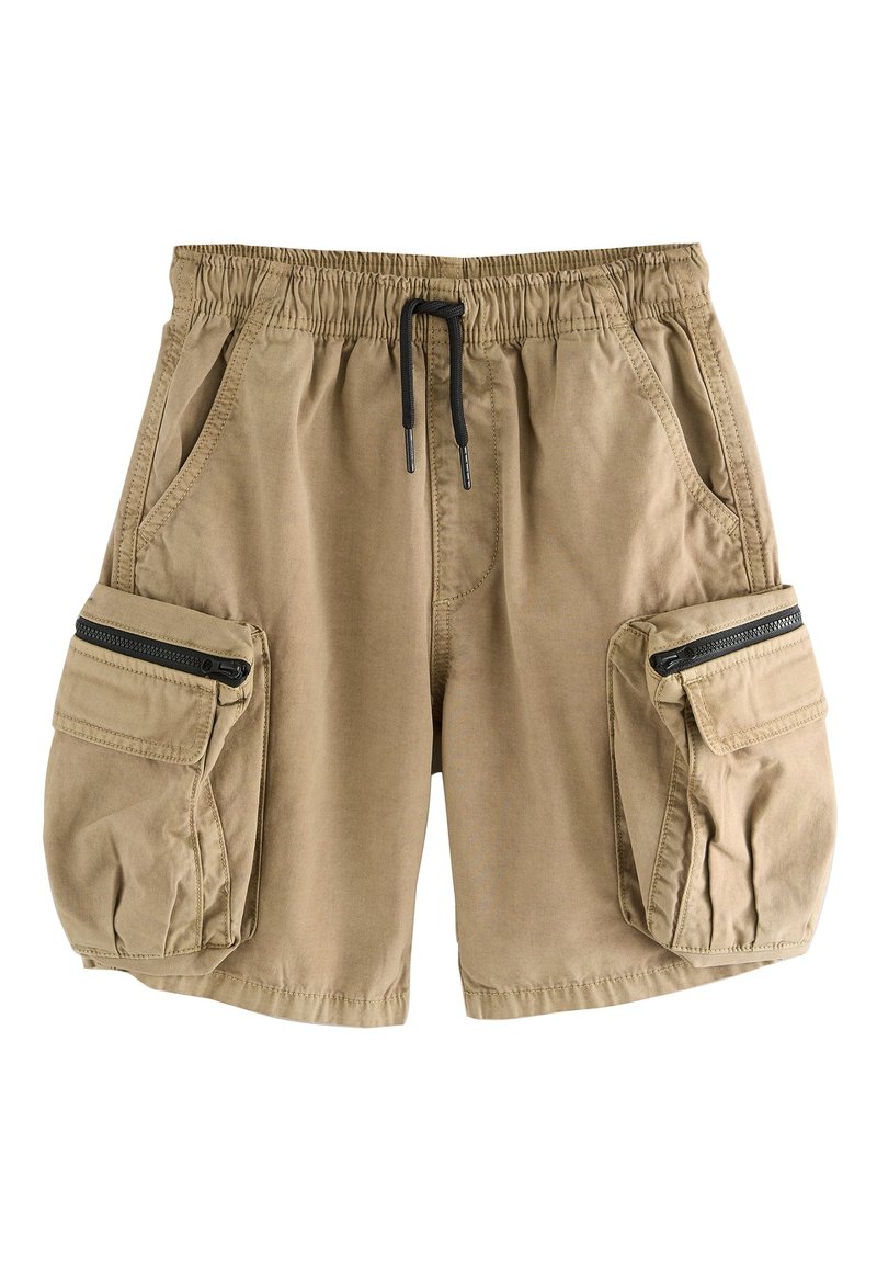 Beežid cargo-lühikesed püksid, millel on elastne vöökoht, reguleeritav nöör ja kaks suurt klapiga taskut külgedel lukuga. Kerge kangas.