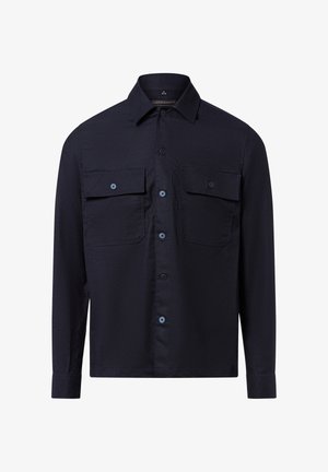 Camicia a maniche lunghe blu navy realizzata in tessuto testurizzato, con colletto a punta, due tasche sul petto e chiusura a bottoni con bottoni coordinati.