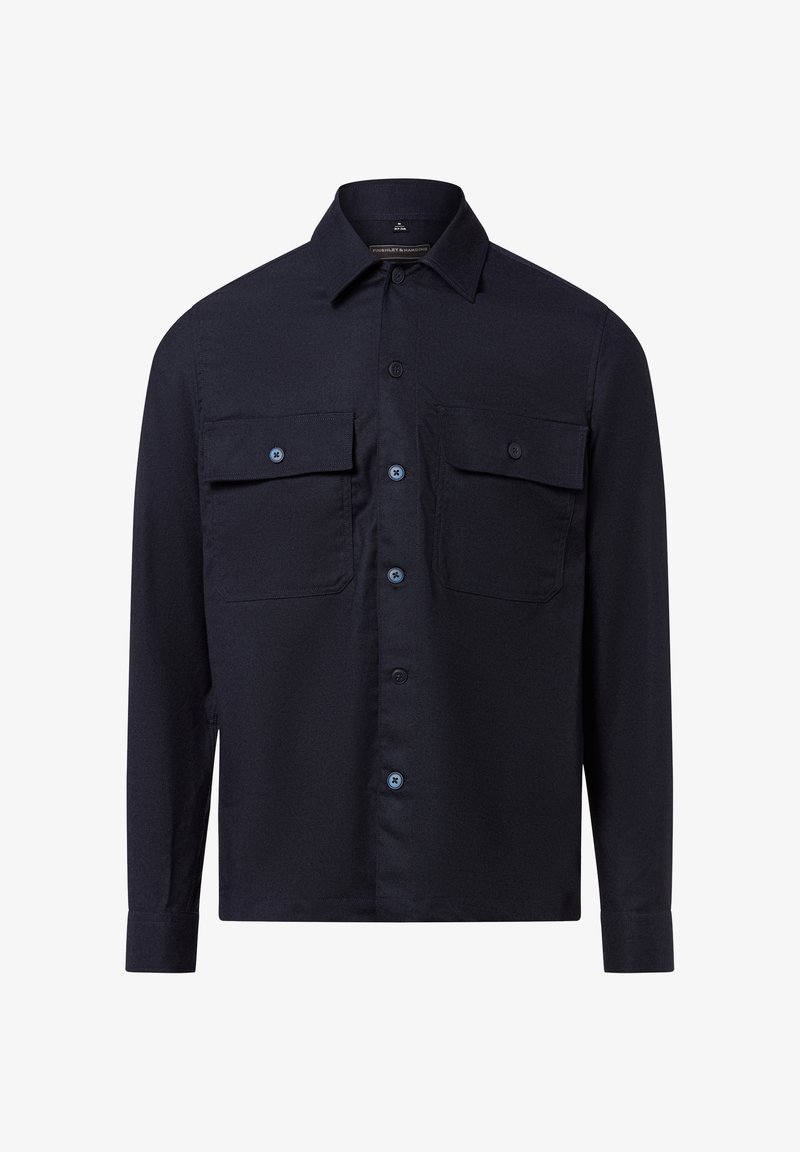 Marineblauwe longsleeve shirt van textuurstof, met een puntkraag, twee borstzakken en knoopsluiting met bijpassende knopen.