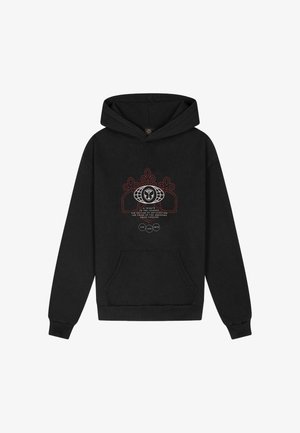 Zwarte hoodie met voorvak met een afbeelding van een wereldbol, bloemmotief en tekst "Live Love Unite" op de borst.