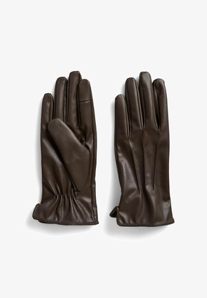 Une paire de gants en cuir marron foncé avec un détail élastique au niveau des poignets, présentée à plat avec les paumes vers le haut sur un fond blanc.