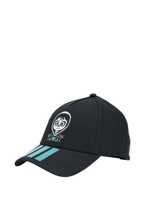 Berretto da baseball nero con un volto di teschio in stile cartone animato che indossa un cappuccio e tre strisce blu sulla visiera.