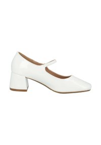 Scarpe Mary Jane in pelle sintetica bianca con punta quadrata, cinturino sopra l'arco del piede e tacco quadrato. Finitura liscia e design minimalista.