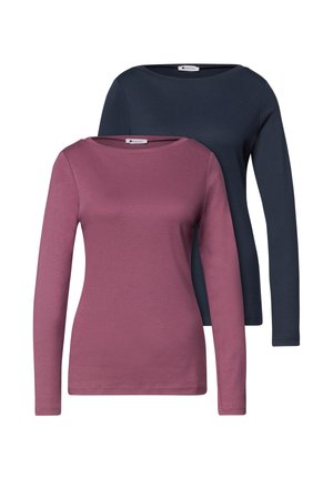 Deux hauts pour femmes à manches longues unis avec col rond, un mauve à l'avant et un bleu marine foncé à l'arrière, présentés sur fond blanc.
