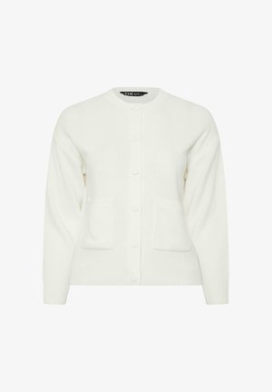 Biały dziergany kardigan z długimi rękawami, okrągłym dekoltem, zapięciem na guziki z przodu oraz dwoma naszywanymi kieszeniami z przodu.