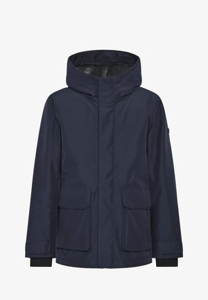 Navyblaue wasserdichte Jacke mit Kapuze, zwei Fronttaschen und einem Reißverschluss. Mit elastischen Bündchen und einer glatten, glänzenden Textur.