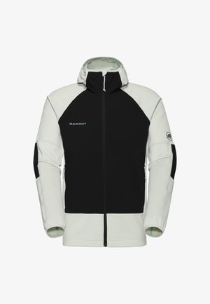 Schwarze und hellgraue Softshelljacke mit Reißverschluss, hohem Kragen und Seitentaschen. Sie verfügt über einen strukturierten Stoff und kontrastierende Farbpanele.