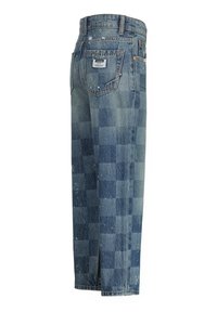 Jeans in denim con un motivo a quadri in diverse tonalità di blu. Dettagli usurati e design a gamba dritta con spacchi laterali.