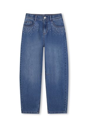 Blauwe spijkerbroek met een hoge taille en verspreide kleine zilveren studs die het voorvakgebied aan beide zijden versieren.