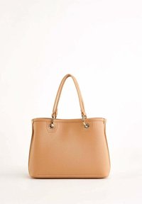 Borsa in pelle marrone con manici doppi e occhielli argento, posizionata su uno sfondo bianco semplice.