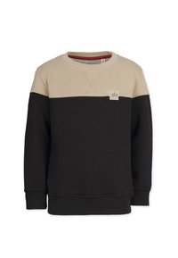 Svart och beige crewneck sweatshirt med en stickad textur, med en bröstlogotyp och kontrasterande blockfärger. Ribbad mudd och nederkant.