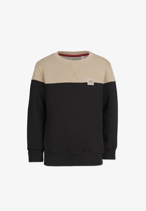 Sort og beige crewneck sweatshirt med en strikket tekstur, der har et brystlogo og kontrasterende blokfarver. Ribbet manchetter og kant.