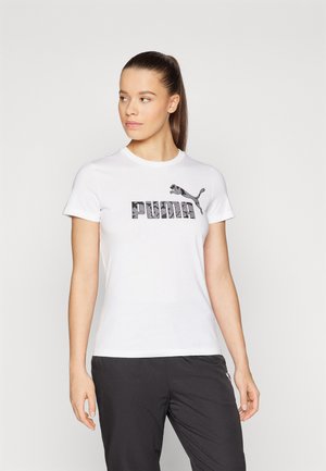Witte T-shirt met korte mouwen van katoen met een zwart camouflage PUMA-logo. De pasvorm is standaard, met een ronde halslijn en een zachte textuur.