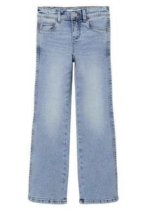 Jean en denim bleu clair avec une coupe droite, bouton et fermeture éclair à l'avant, et un design à cinq poches.