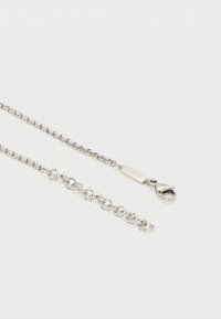 Ασημένιο κολιέ αλυσίδας με κούμπωμα σε σχήμα αστακού και μικρή ορθογώνια πλακέτα με χαραγμένο το "LACOSTE" σε λευκό φόντο.