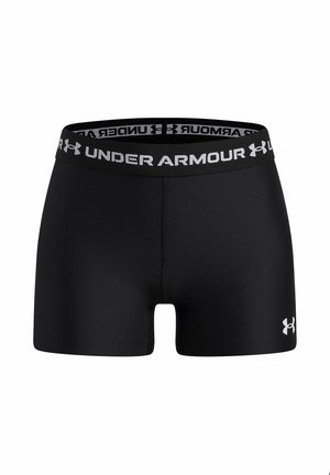 Čierne kompresné šortky Under Armour s elastickým pásom, na ktorom je nápis „Under Armour“ a logo, a malým logom na ľavej nohe.