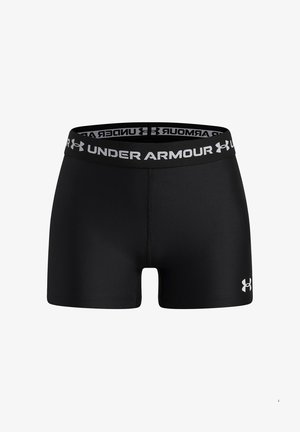 Čierne kompresné šortky Under Armour s elastickým pásom, na ktorom je nápis „Under Armour“ a logo, a malým logom na ľavej nohe.