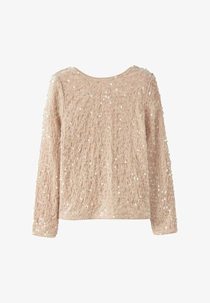 Top beige a maniche lunghe con tessuto testurizzato, impreziosito da paillettes su tutta la superficie, collo rotondo e vestibilità morbida.