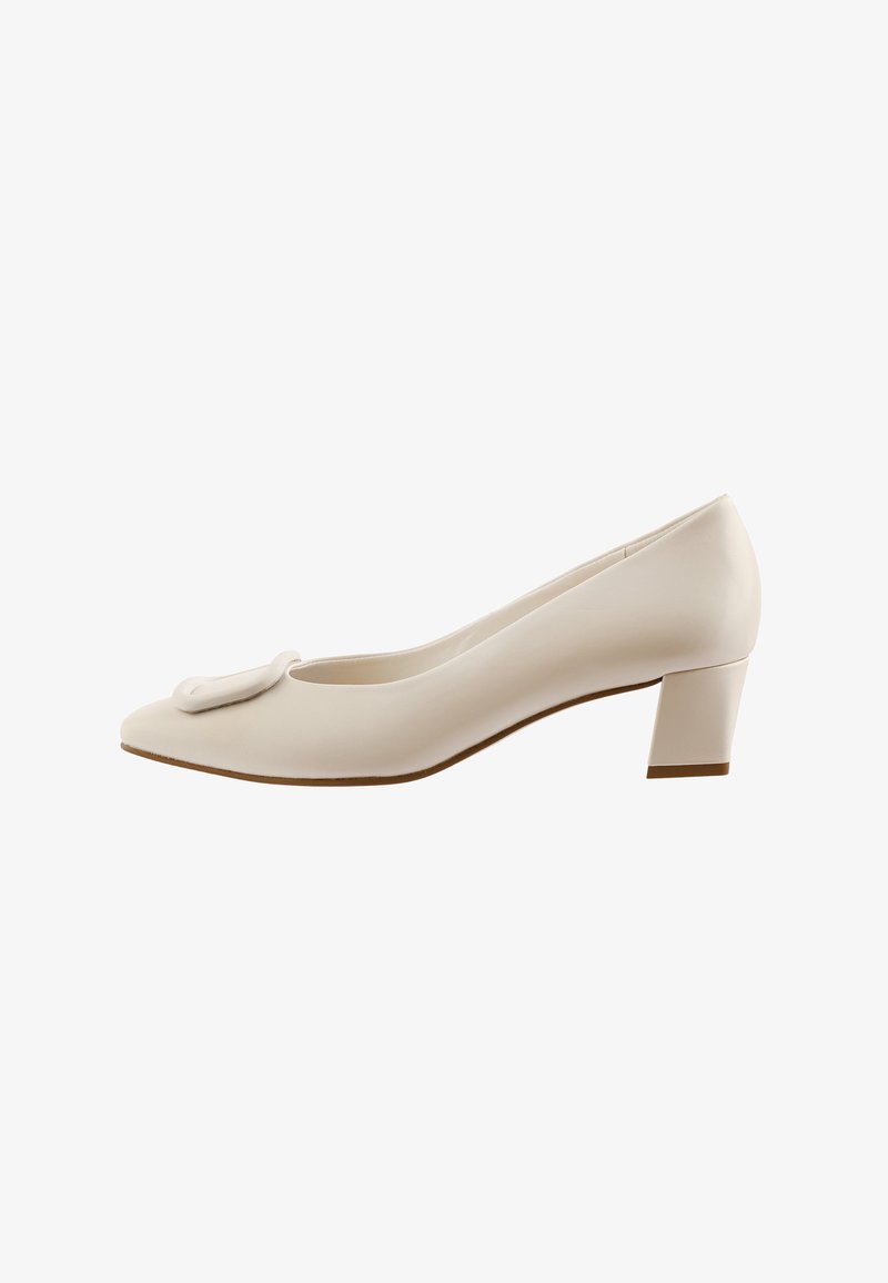 White heeled pump with a rounded toe, smooth leather texture, and a distinctive bow accent on the front. Block heel for stability.