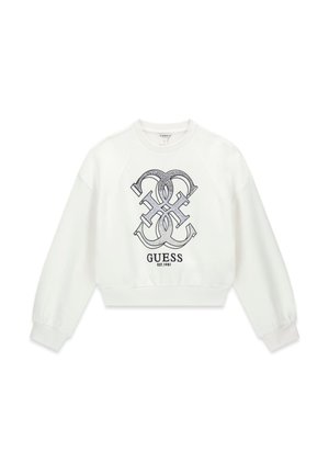 Felpa bianca crop a maniche lunghe con un logo intrecciato nero e il testo "GUESS EST. 1981" sulla parte frontale.