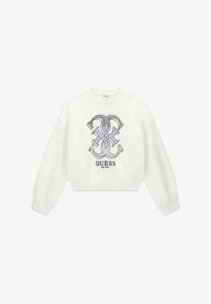 Witte cropped sweatshirt met lange mouwen, een zwart verweven logo en de tekst "GUESS EST. 1981" aan de voorkant.