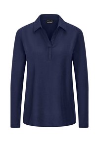 Camicia a maniche lunghe blu navy con colletto e pattina, realizzata in un tessuto liscio, caratterizzata da una vestibilità ampia e senza motivi visibili.