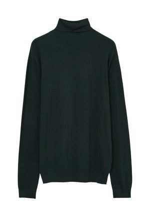 Dunkelgrüner Rollkragenpullover aus weichem Strickmaterial mit langen Ärmeln, gerippten Bündchen und Saum sowie einem lässigen Schnitt.
