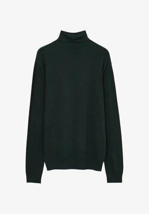 Pull encolure montant vert foncé en matière tricot douce, avec des manches longues, des poignets et un ourlet côtelés, et un design décontracté.
