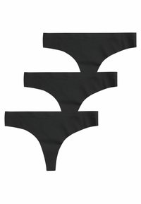 Zestaw trzech czarnych stringów wykonanych z gładkiego materiału o minimalistycznym designie, bez widocznych wzorów czy ozdób.