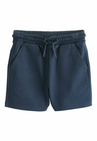 Sötét tengerészkék rövidnadrág puha anyagból, gumis derékrésszel, melyen megkötő található, valamint két oldalzsebbel. Egyszerű kialakítás, minta nélkül.