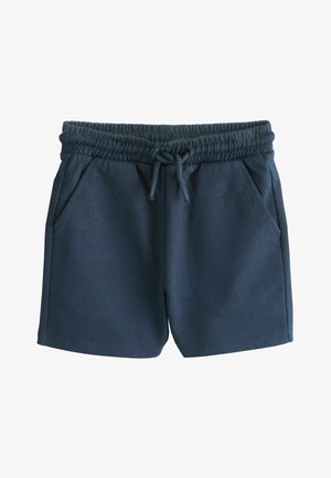 Tmavomodré šortky z mäkkého materiálu, s elastickým pásom so zaväzovaním a dvomi bočnými vreckami. Jednoduchý dizajn bez vzorov.