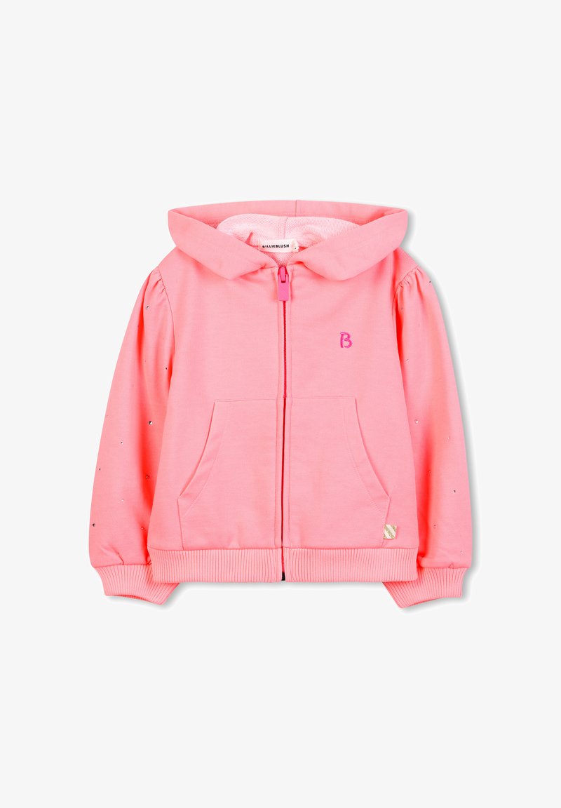 Felpa rosa con zip per bambini, dotata di cappuccio, tasche frontali, polsini a coste e piccoli dettagli decorativi sulle maniche.