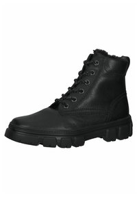 Botas de tobillo de cuero negro con un acabado texturizado, punta redonda, diseño con cordones y suela de goma gruesa para tracción. Forradas con material suave.