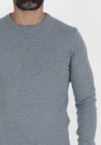 Szary sweter z długim rękawem i okrągłym dekoltem, wykonany z dzianiny. Charakteryzuje się gładką fakturą i dopasowanym fasonem.