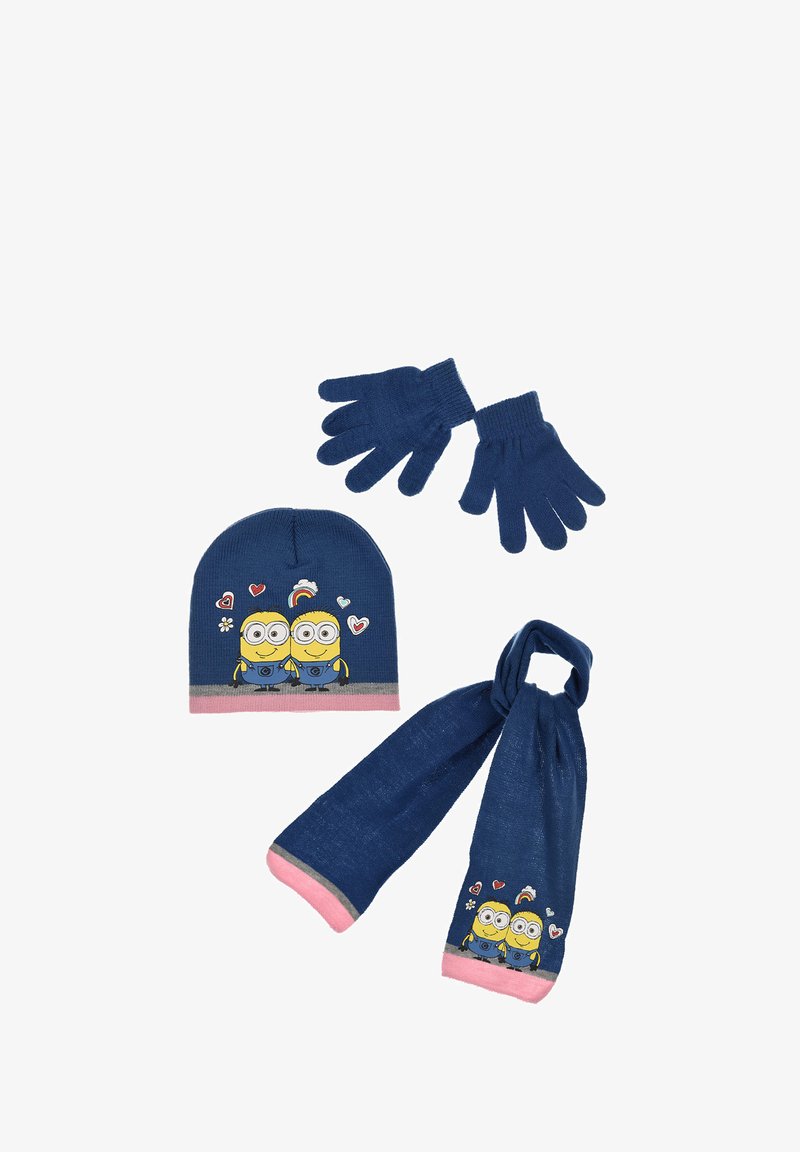 Set di cappello lavorato a maglia, guanti e sciarpa di colore blu navy con accenti rosa. Presenta una grafica del Minion e fantasie colorate di cuori e fiori.