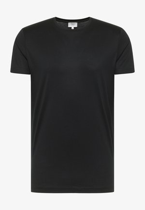 Zwarte T-shirt met korte mouwen, gemaakt van katoen, met een ronde halslijn en een gladde textuur. Eenvoudig ontwerp zonder patronen of accenten.