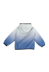 Veste légère à capuche avec un dégradé ombré du blanc au bleu, des poignets élastiques et un design simple. Matériau lisse et brillant.