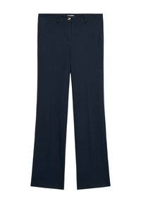 Pantalon marine en tissu lisse, présentant une coupe droite, une fermeture à bouton et deux poches latérales. Détail texturé à la taille.