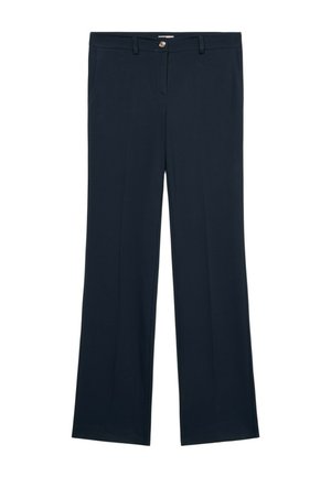 Marineblaue Hose aus glattem Stoff mit geradem Bein, Knopfverschluss und zwei Seitentaschen. Strukturiertes Detail am Bund.