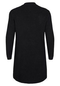 Svart ribbad långärmad cardigan med rak skärning och hög halsringning, med en mjuk textur och knälång nederkant.