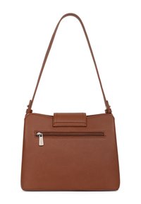 Brązowa skórzana torebka o strukturalnym kształcie, z górnym uchwytem i przednią kieszenią na zamek. Teksturowana powłoka z metalowym wykończeniem zamka.