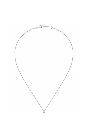 Silver chain necklace featuring a small pendant with a heart-shaped design. The chain is thin, with a smooth, polished finish.
