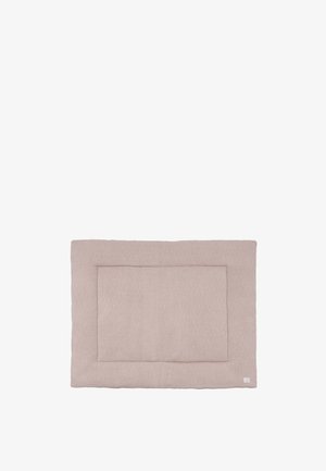 Lit pour animaux rectangulaire tricoté beige avec une bordure surélevée et un centre doux rembourré sur fond blanc.